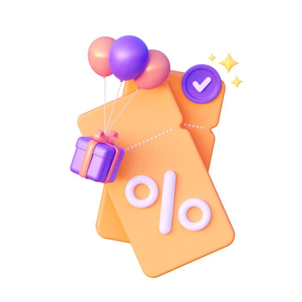 orange-coupon-with-balloons-gifts-concept-holiday-discount-3d-rendering-illustration